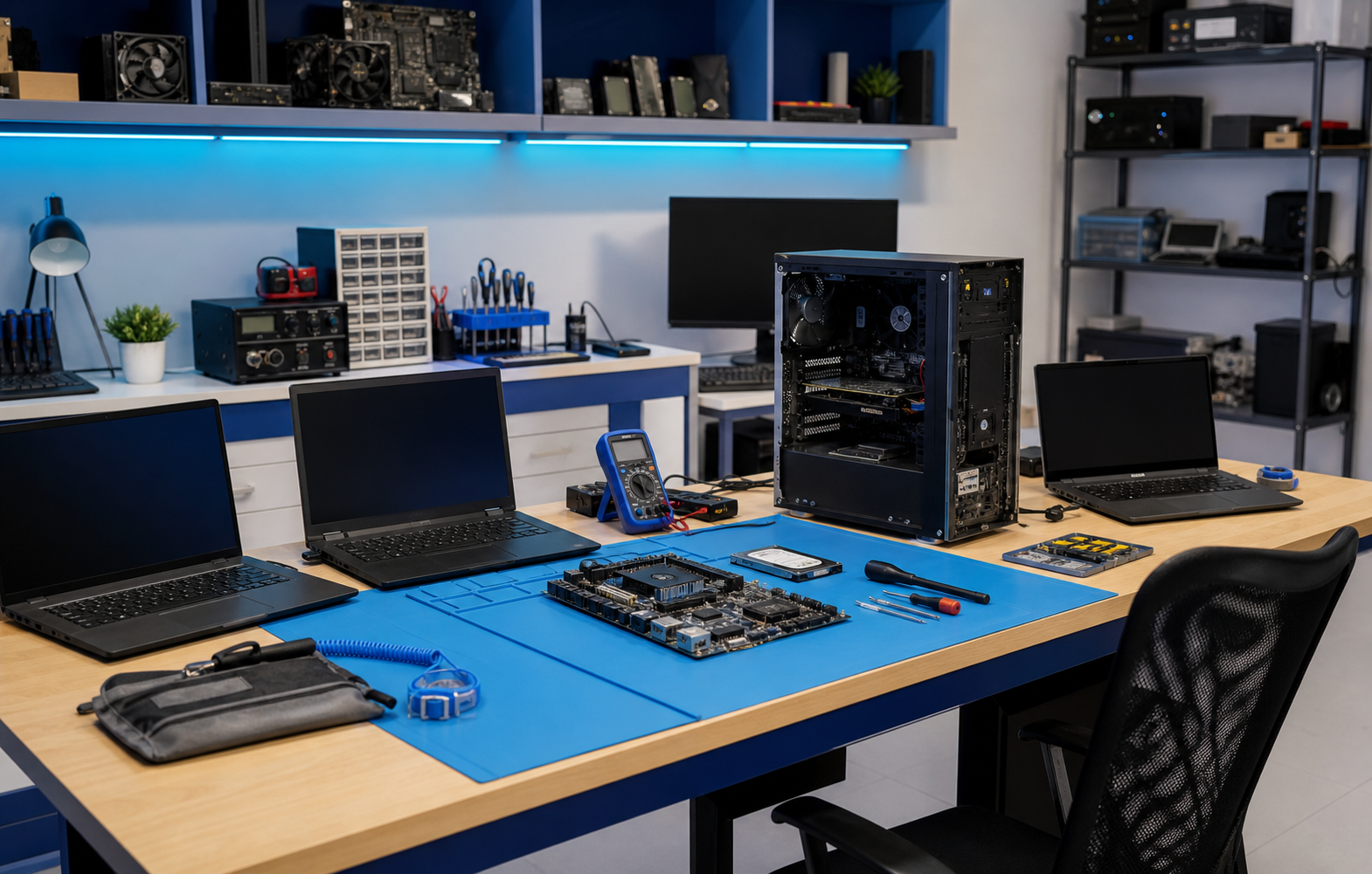 Salle de dépannage informatique avec laptops, desktop ouvert, outils et composants